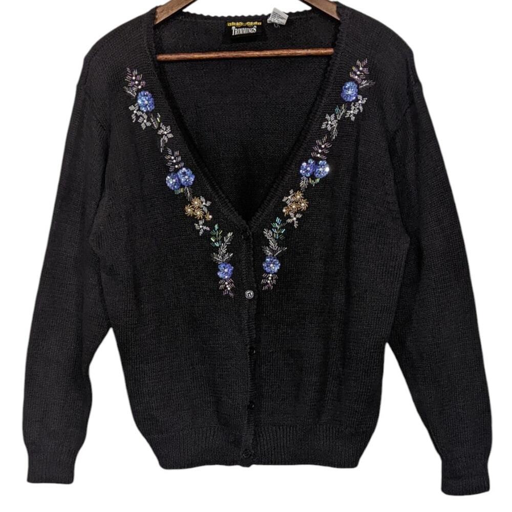 VTG 90s Floral Beaded V Neck Button Front Cardigan Sweater Cottagecore Grandma L